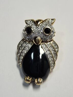 Authentic Signed Swan Swarovski Pave' Black Enamel Adorable Owl Brooch Pin